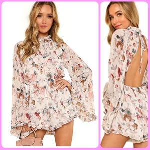 Flowy, Floral, Bell Sleeve Backless Romper